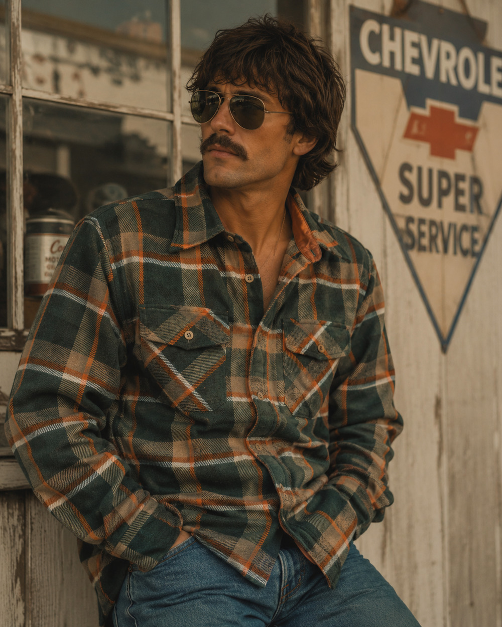 Vintage 1970's Mens Tarleton Green Flannel Plaid Western Boho Hippie Shirt Large